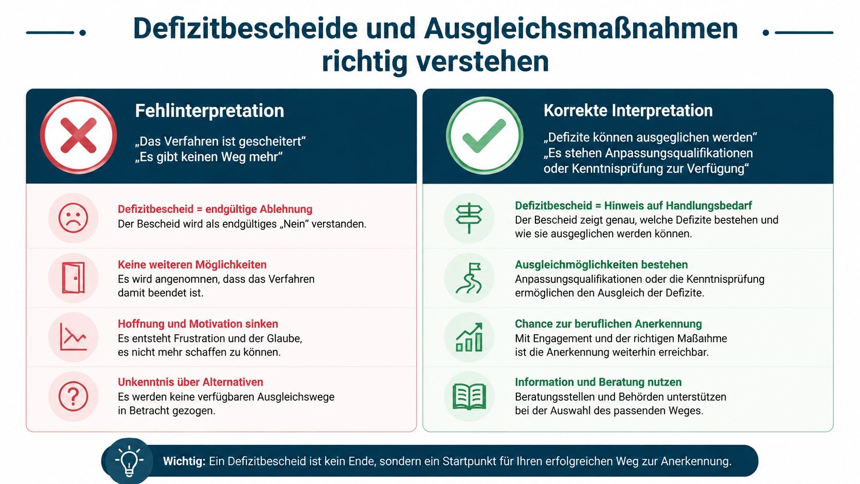 Grafik zur richtigen Interpretation eines Defizitbescheids für ausländische Fachkräfte bei der beruflichen Anerkennung in Deutschland.