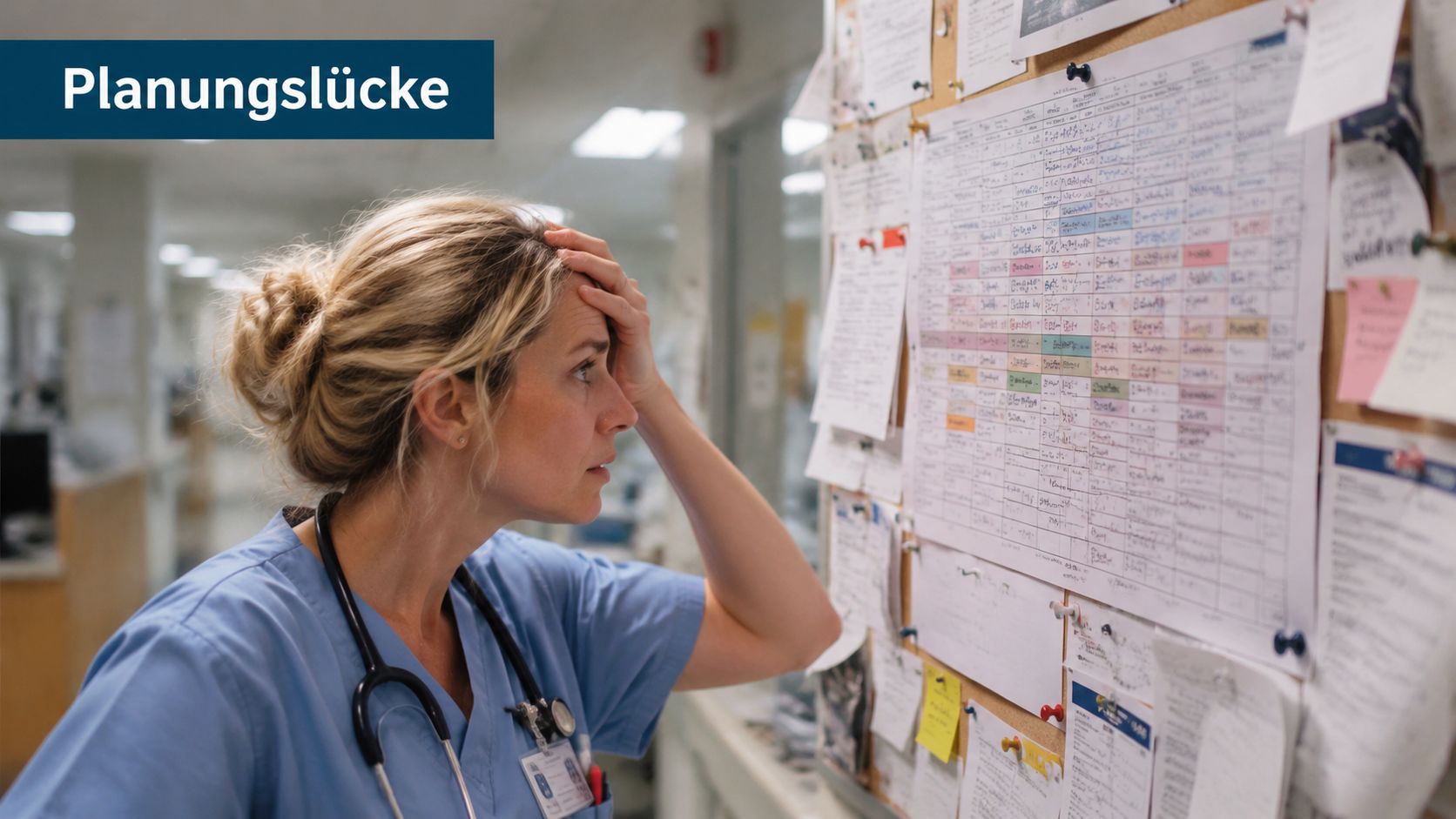 Eine gestresste Krankenschwester blickt besorgt auf einen überfüllten Dienstplan an einer Pinnwand im Krankenhaus.