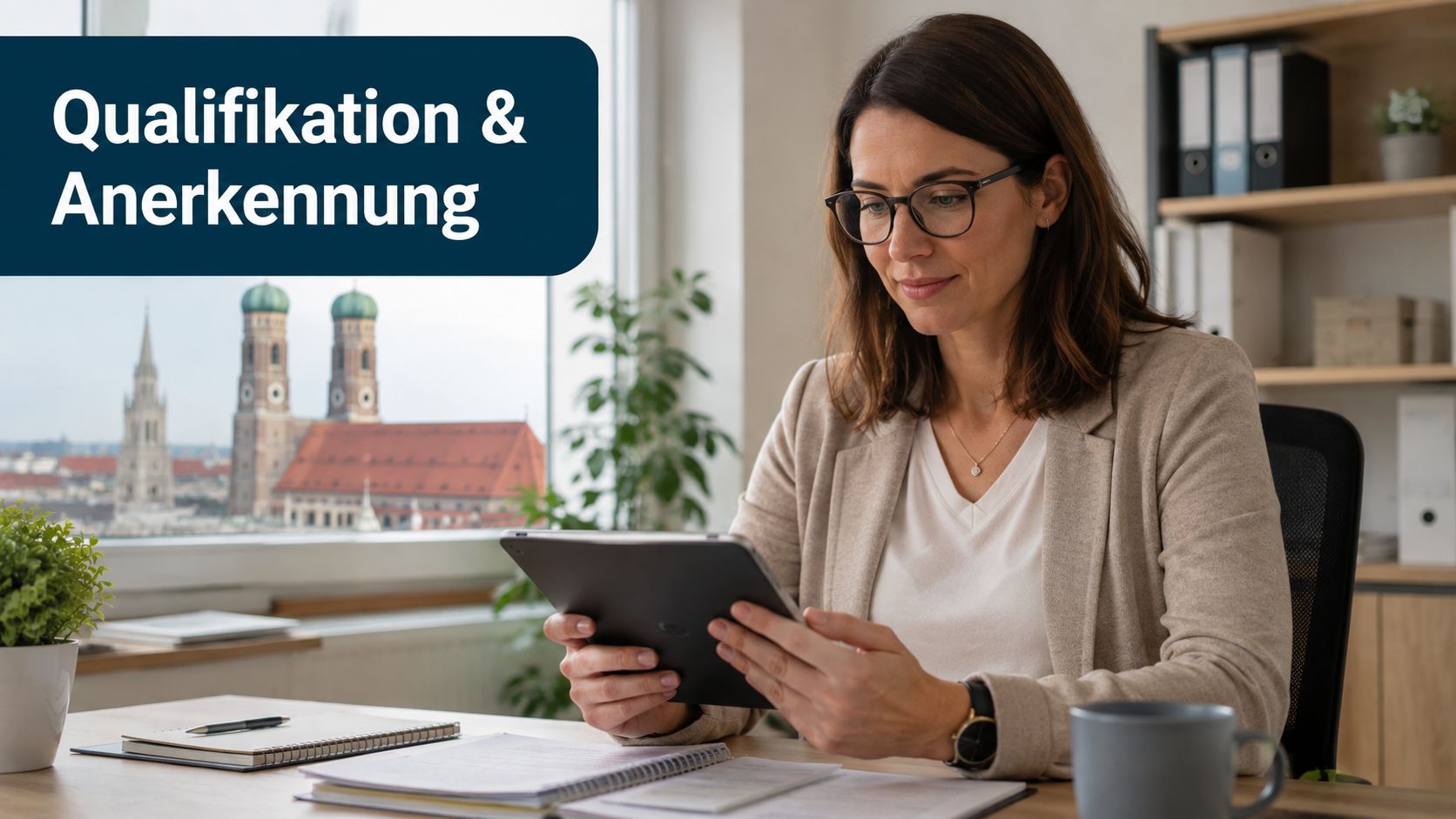 Eine professionelle Frau im Büro arbeitet an einem Tablet mit Blick auf die Münchner Frauenkirche im Hintergrund.