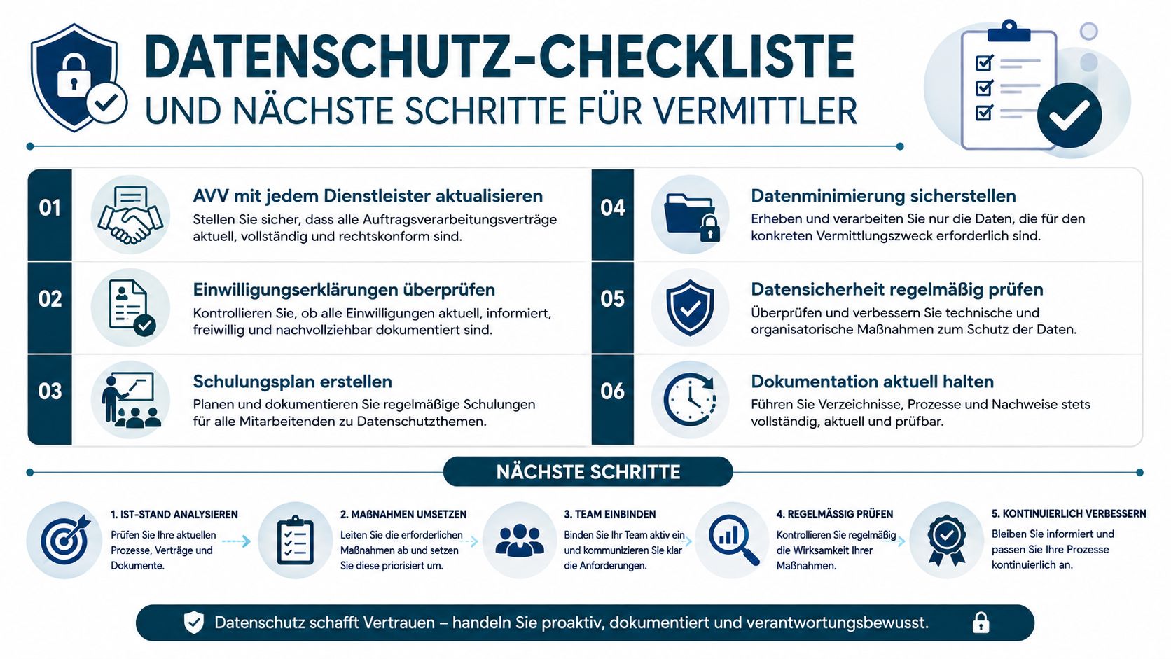 Checkliste zum Datenschutz für Vermittler mit sechs Schritten und weiteren Maßnahmen zur Umsetzung in einem Unternehmen.