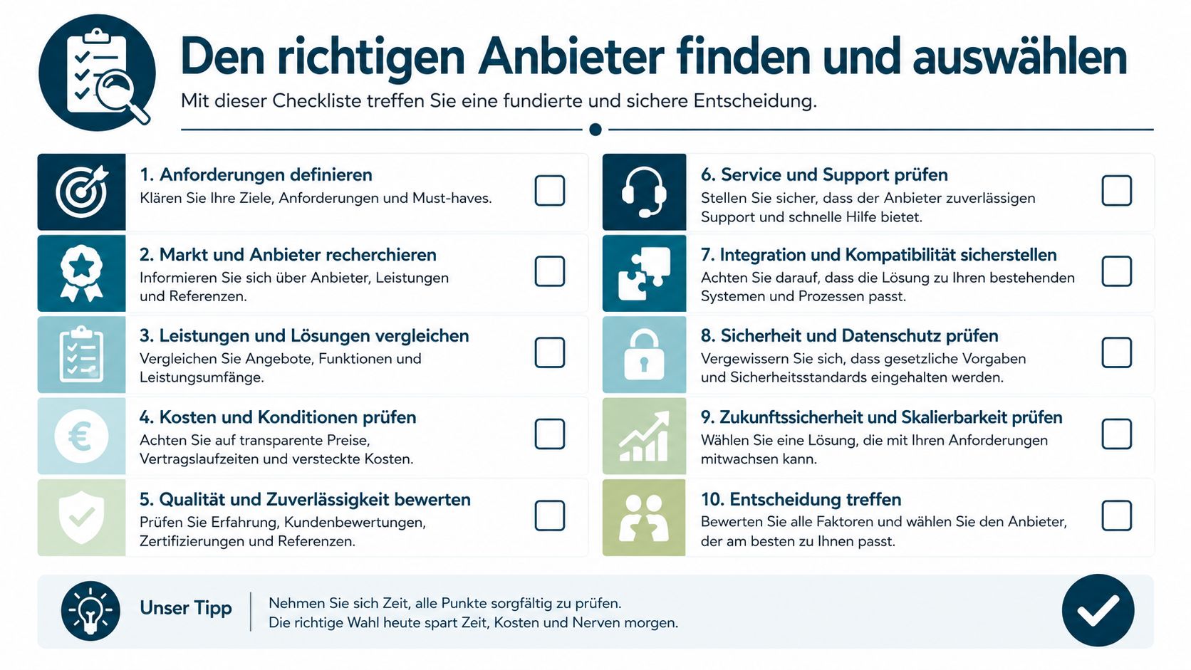 Eine Checkliste in deutscher Sprache zum Finden und Auswählen des richtigen Anbieters für Dienstleistungen oder Produkte.