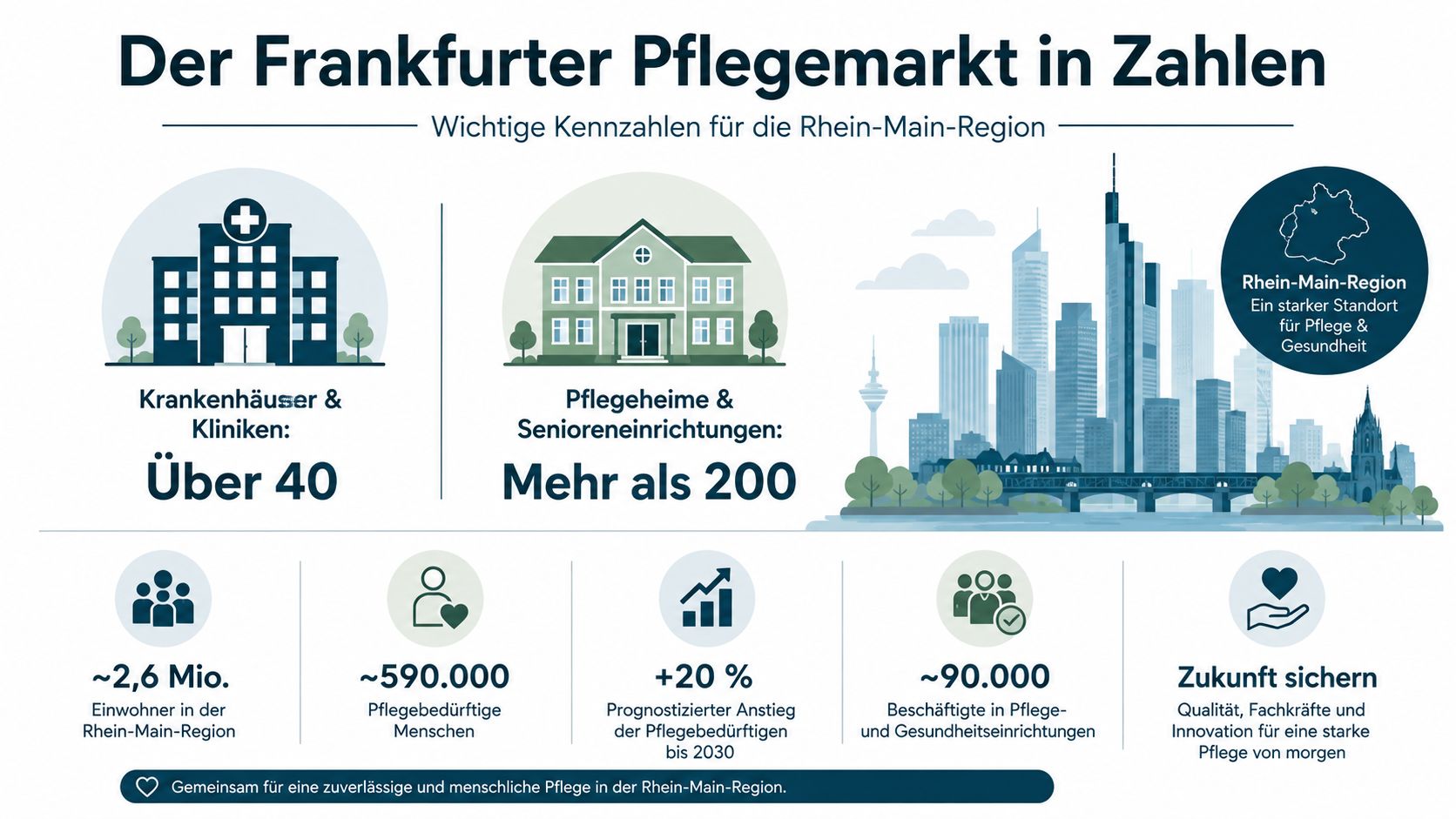 Infografik zum Frankfurter Pflegemarkt mit Kennzahlen zu Krankenhäusern, Pflegeheimen, Einwohnern und dem Beschäftigungsmarkt in der Rhein-Main-Region.