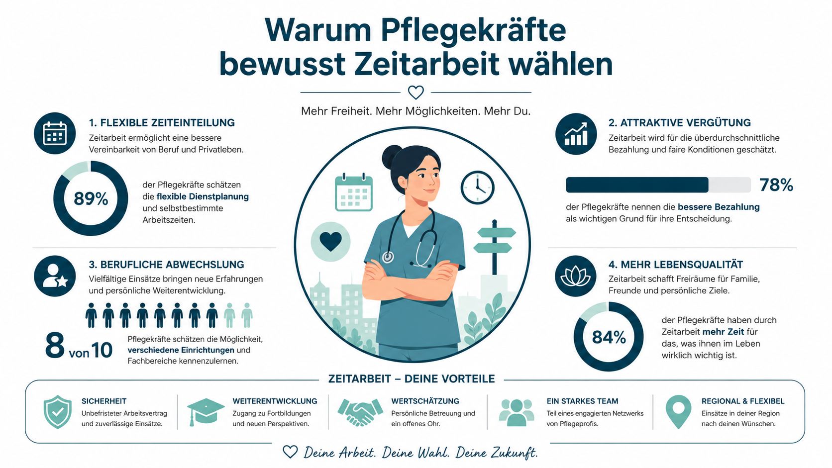 Eine Infografik, die die Vorteile der Zeitarbeit in der Pflege für medizinisches Personal anschaulich darstellt.