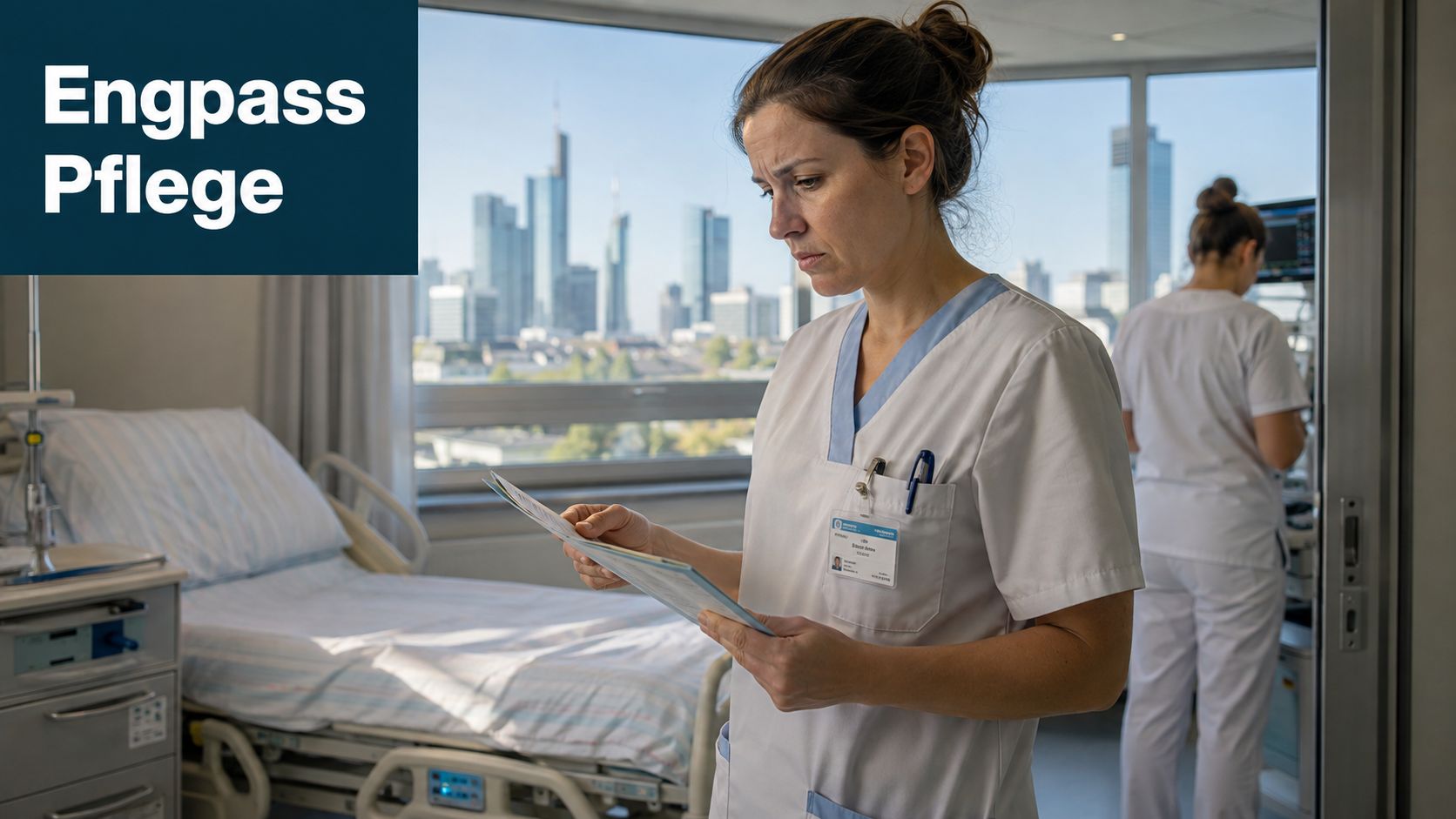 Eine Pflegekraft mit Dokumenten in einem Krankenhauszimmer mit Blick auf die Frankfurter Skyline im Hintergrund.