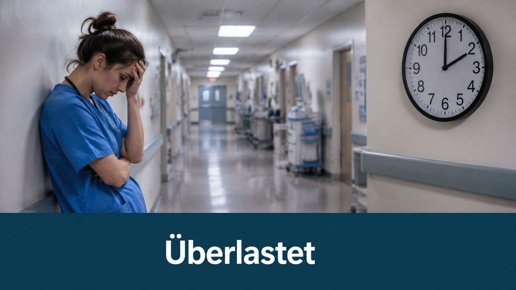 Eine erschöpfte Krankenschwester lehnt sich mit gesenktem Kopf in einem Krankenhausflur an die Wand.