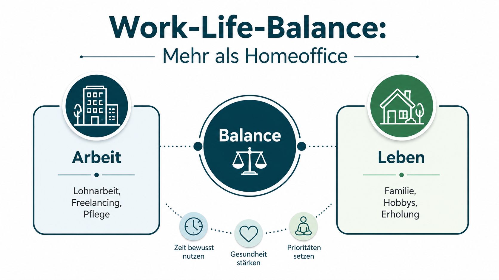 Grafik zur Work-Life-Balance, die das Gleichgewicht zwischen beruflichen Anforderungen und privatem Leben sowie persönlichem Wohlbefinden darstellt.