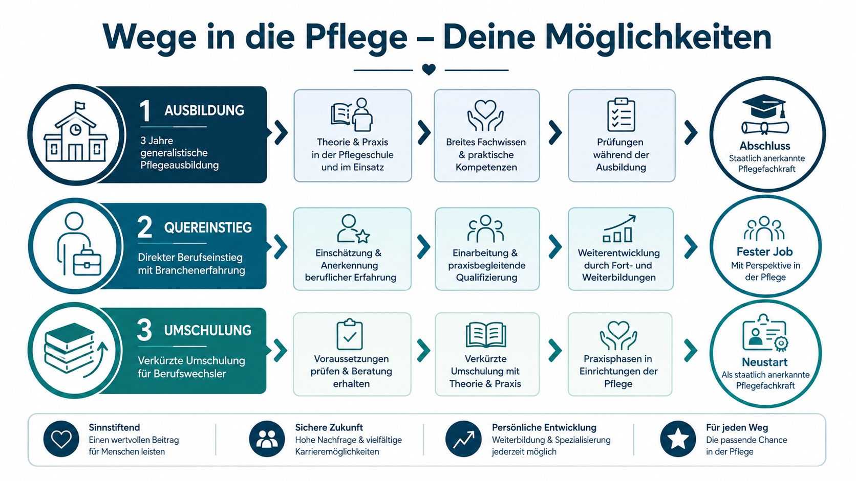 Eine Infografik, die drei verschiedene Wege für den beruflichen Einstieg in die Pflegebranche übersichtlich darstellt.