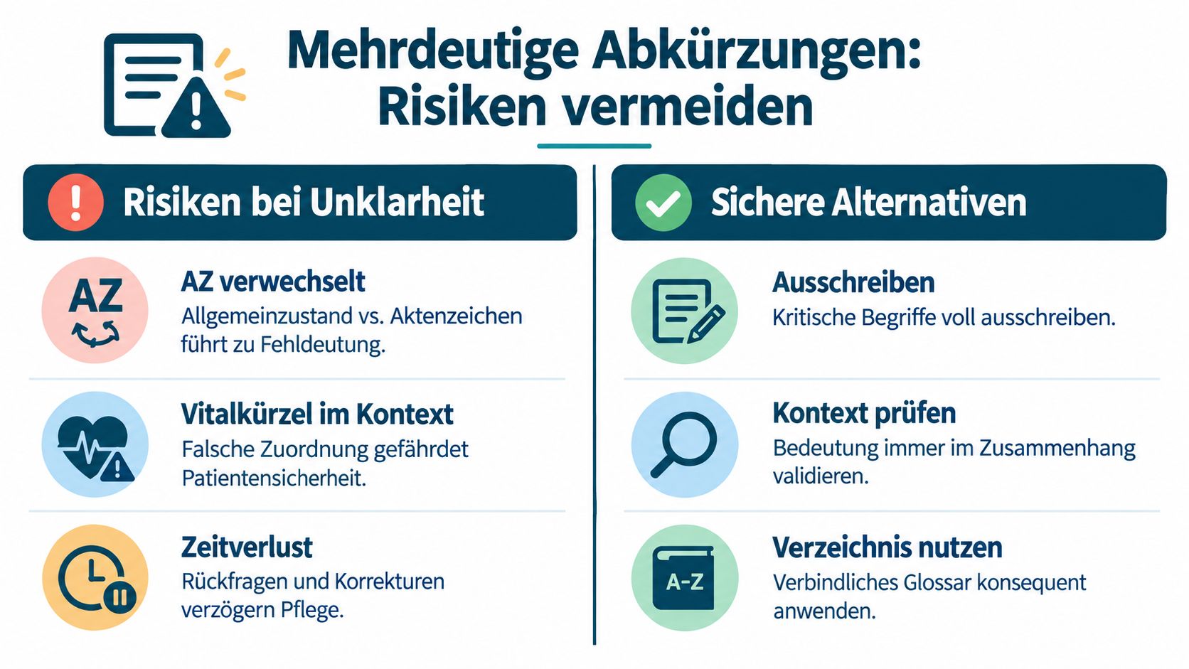 Infografik über Risiken und sichere Alternativen beim Umgang mit mehrdeutigen Abkürzungen in der Pflegedokumentation.