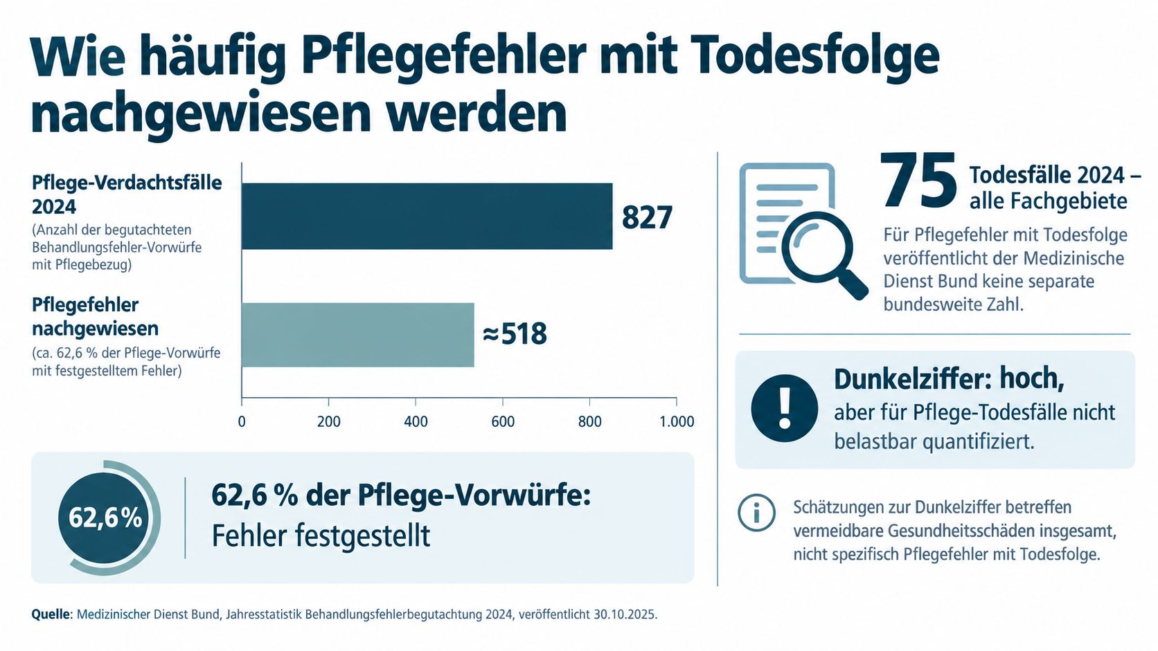 Infografik zur Statistik von Pflegefehlern mit Todesfolge und der Anzahl bestätigter Fälle im Jahr 2024.