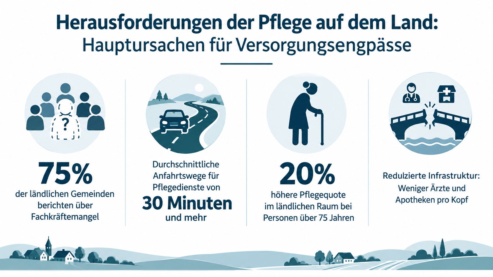 Infografik zu den Herausforderungen der pflegerischen Versorgung auf dem Land mit vier wesentlichen Ursachen und Statistiken.