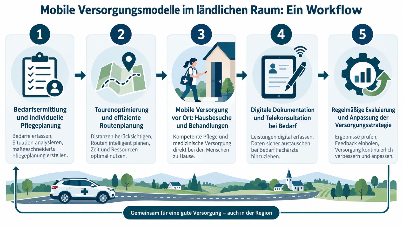 Ein fünfstufiger Workflow für mobile Versorgungsmodelle und effiziente Pflegeplanung im ländlichen Raum mit digitaler Dokumentation und Evaluierung.