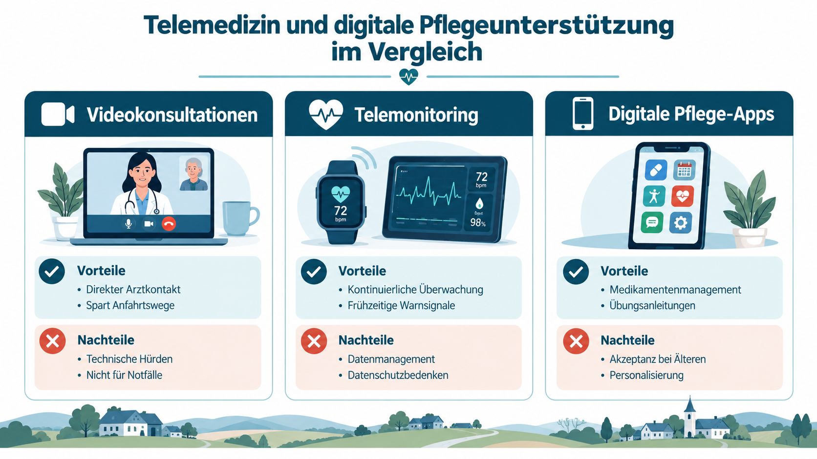 Vergleichsgrafik von Telemedizin-Diensten wie Videokonsultationen, Telemonitoring und digitalen Pflege-Apps mit deren jeweiligen Vor- und Nachteilen für die Pflege.