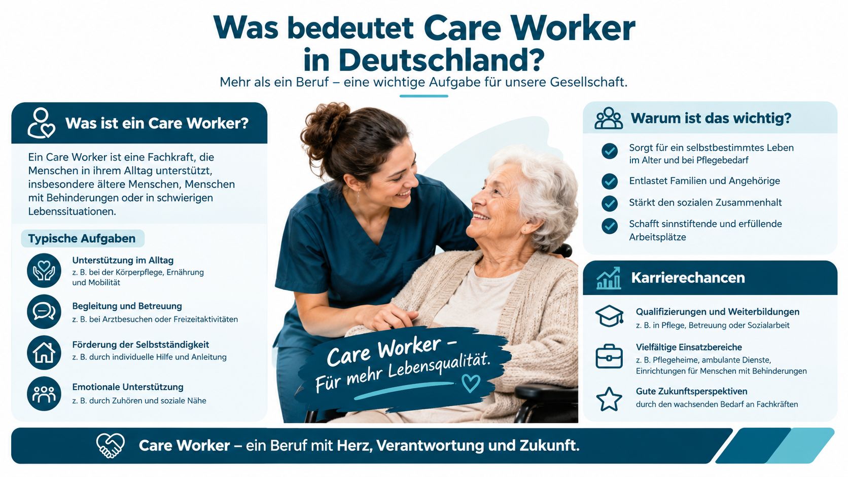 Eine Pflegefachkraft lächelt eine ältere Dame im Rollstuhl an, um das Berufsbild Care Worker in Deutschland zu erklären.