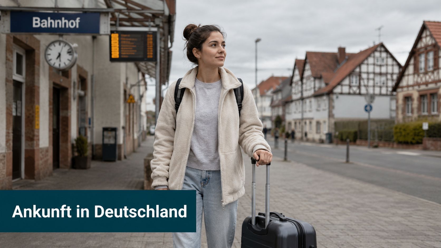Eine junge Frau mit Rollkoffer steht am deutschen Bahnhof und blickt erwartungsvoll in die Umgebung.