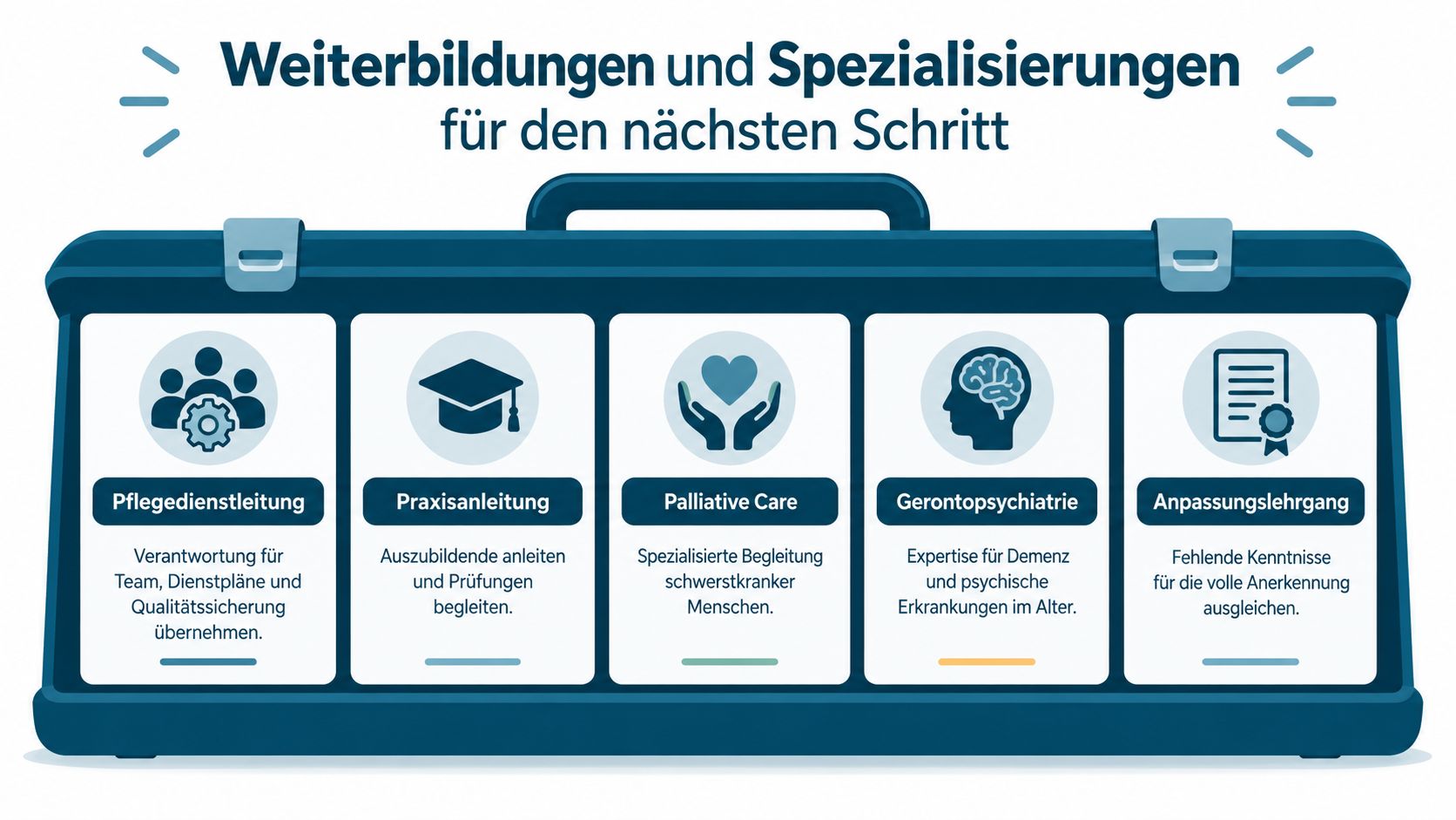 Eine Grafik zeigt verschiedene Weiterbildungsmöglichkeiten in der Pflege innerhalb eines symbolischen Werkzeugkastens für berufliche Entwicklung.