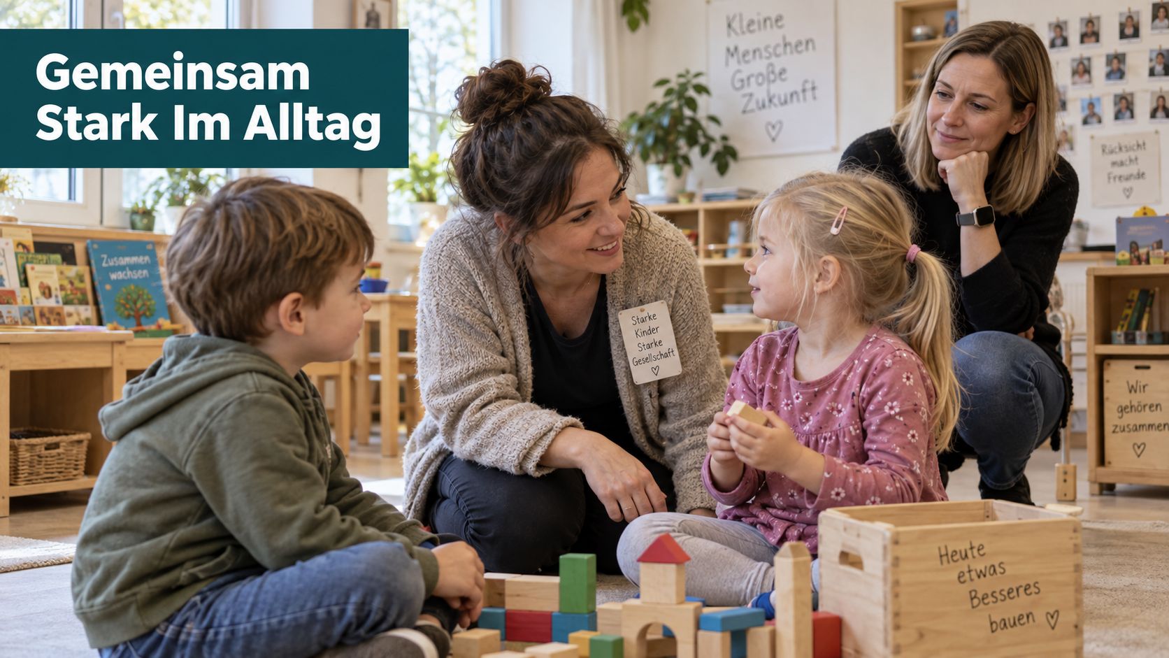 Eine Erzieherin und eine Betreuerin spielen gemeinsam mit zwei Kindern in einer Kita mit Holzbausteinen.