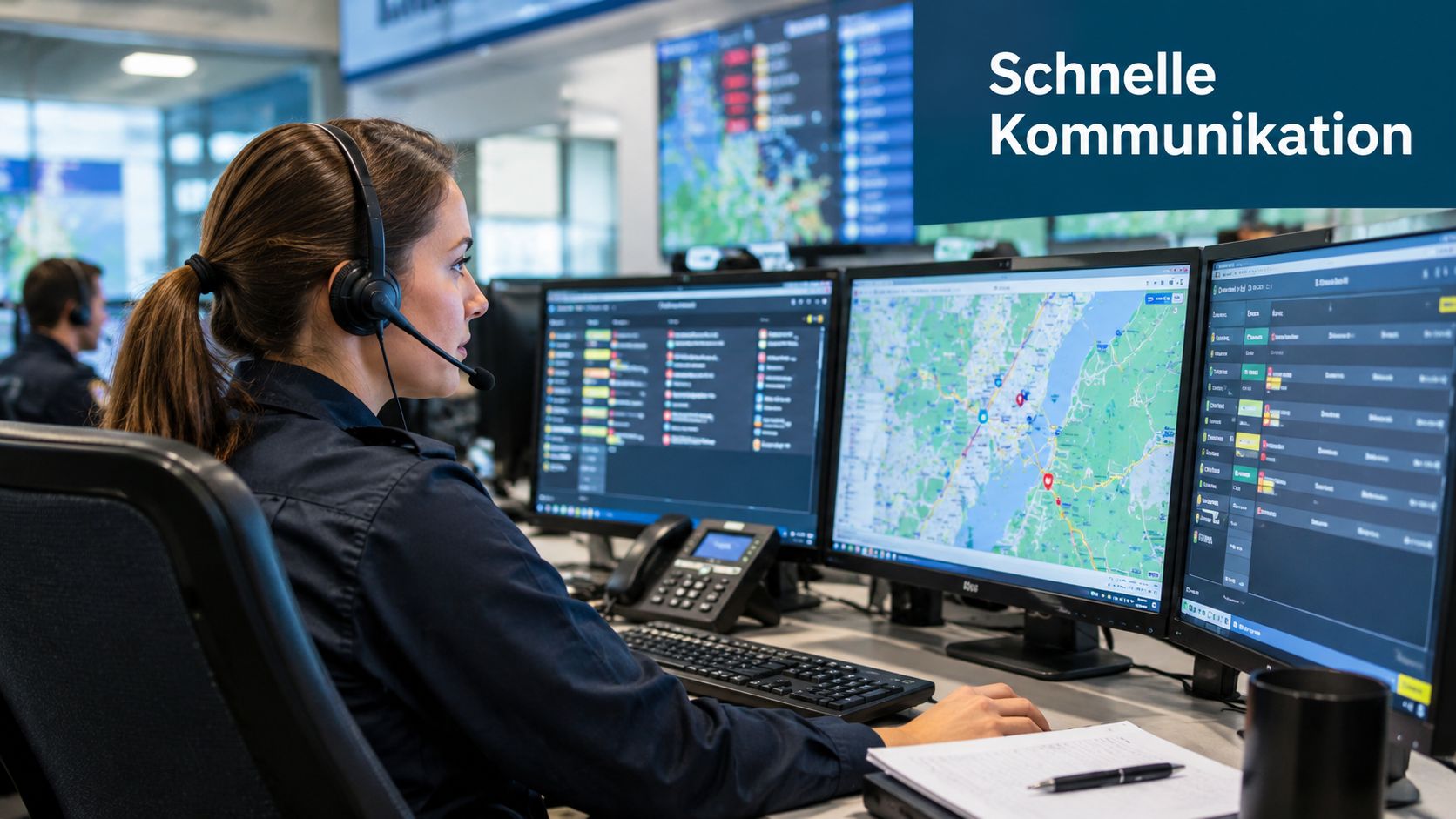 Eine Notfall-Disponentin arbeitet an Computermonitoren in einer modernen Rettungsleitstelle und koordiniert effizient wichtige Rettungseinsätze.
