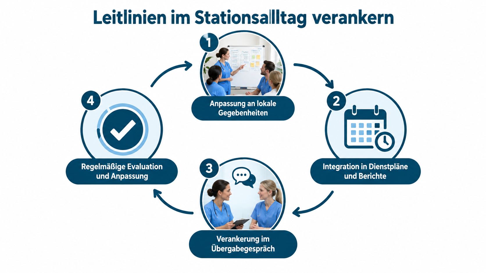 Grafik zur Implementierung von klinischen Leitlinien im Stationsalltag durch vier aufeinanderfolgende Prozessschritte für medizinisches Personal.