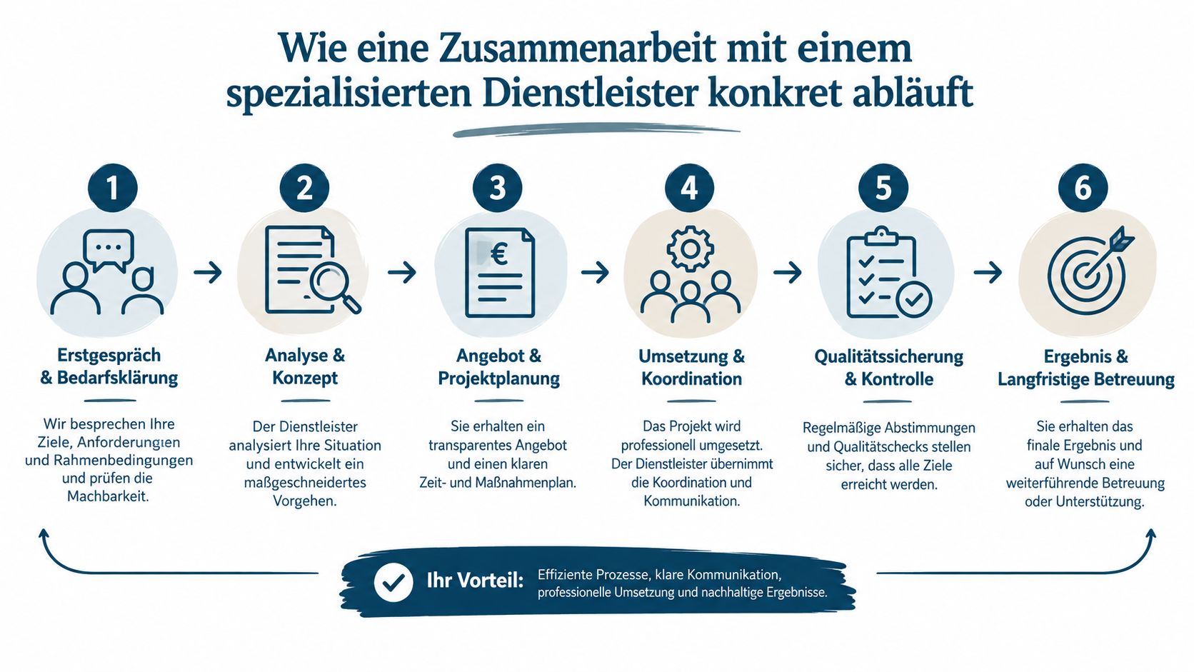 Eine Infografik, die den sechsstufigen Prozess der Zusammenarbeit mit einem spezialisierten Dienstleister von der Beratung bis zur langfristigen Betreuung darstellt.