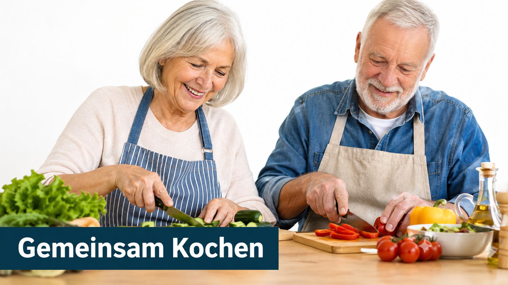 Ein glückliches älteres Ehepaar schneidet gemeinsam frisches Gemüse in einer hellen Küche für eine gesunde Mahlzeit.