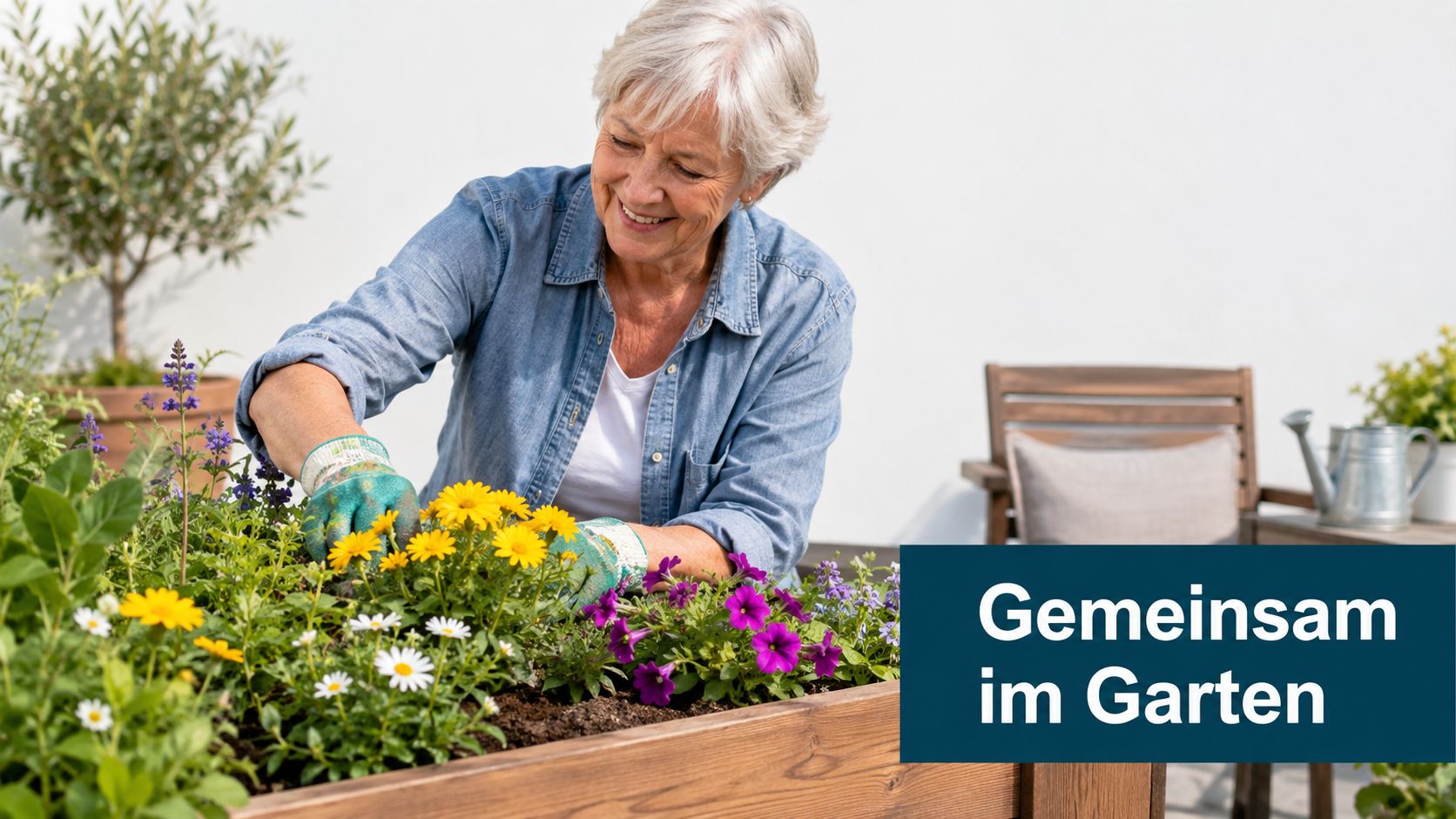 Eine ältere Frau mit grauen Haaren und Handschuhen pflanzt gemeinsam Blumen in einem hölzernen Hochbeet im Garten.