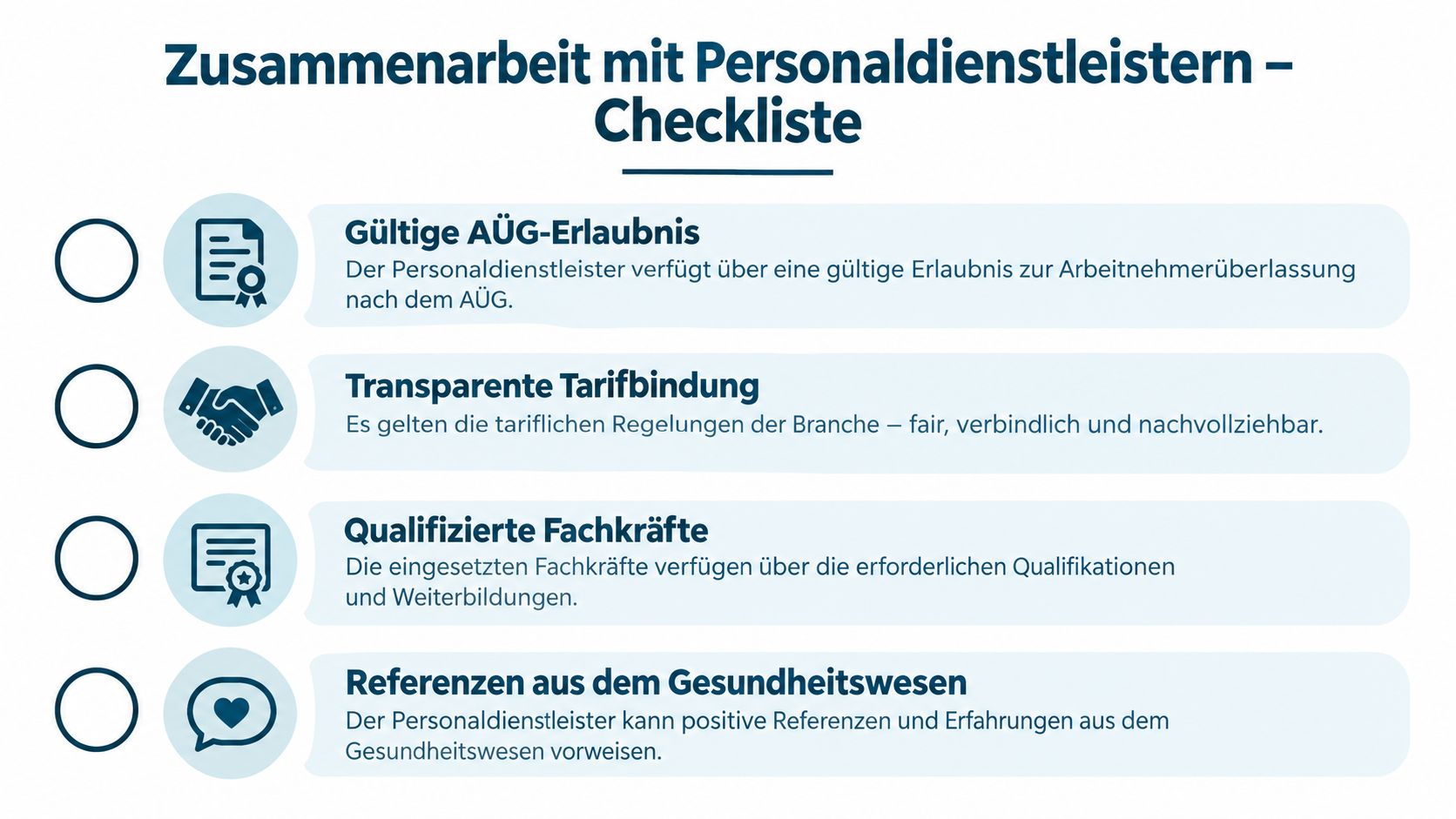 Eine Checkliste für die Zusammenarbeit mit Personaldienstleistern im Gesundheitswesen mit vier wichtigen Qualitätskriterien für Zeitarbeitsfirmen.