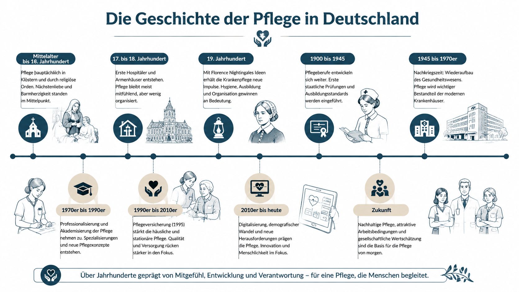 Eine Infografik zeigt die geschichtliche Entwicklung der Krankenpflege in Deutschland vom Mittelalter bis zur heutigen Zeit.