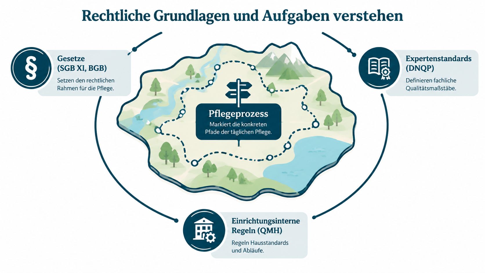Eine Infografik, die die rechtlichen Grundlagen und den Pflegeprozess in der professionellen Pflege veranschaulicht.