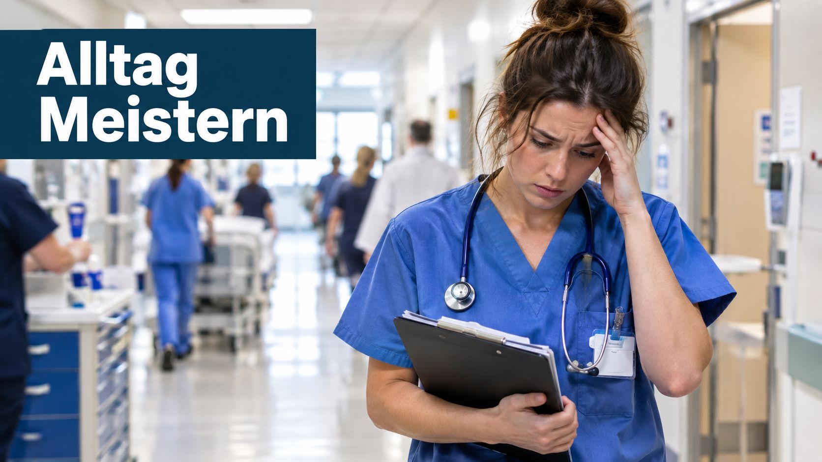 Eine gestresste Krankenschwester steht im Krankenhausflur, hält eine Patientenakte und fasst sich an den Kopf.