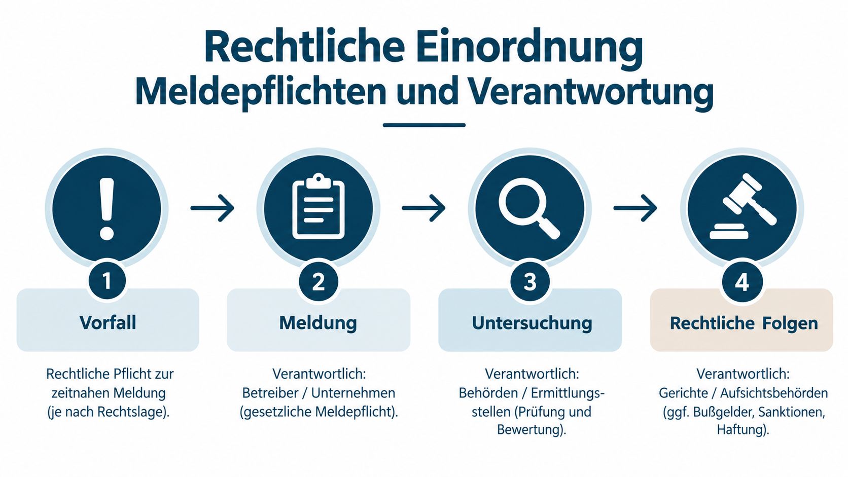 Grafik zeigt den vierstufigen Prozess von der Meldepflicht bis zu den rechtlichen Folgen bei Vorfällen.