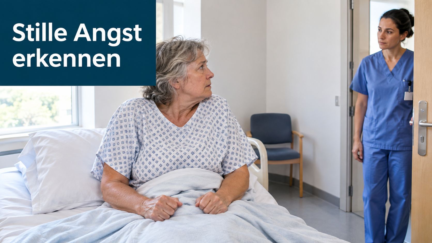 Eine ängstliche ältere Patientin sitzt im Krankenhausbett, während eine Pflegekraft den Raum betritt.