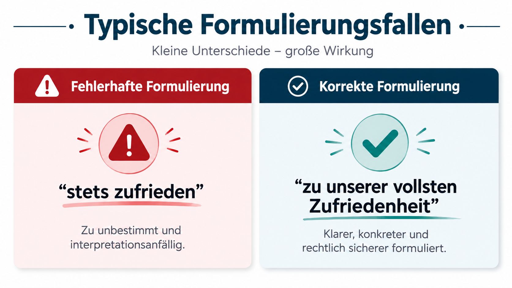 Grafik über Formulierungsfallen in Arbeitszeugnissen mit Vergleich zwischen fehlerhafter und rechtssicherer Formulierung für Arbeitnehmer.