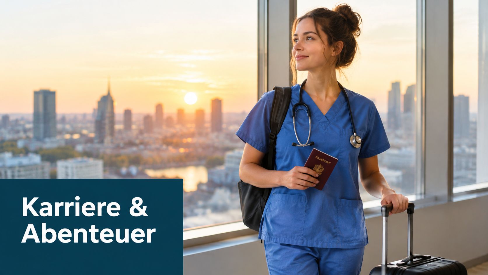 Eine Krankenschwester in Arbeitskleidung mit Stethoskop, Reisepass und Koffer vor einer Skyline bei Sonnenuntergang.