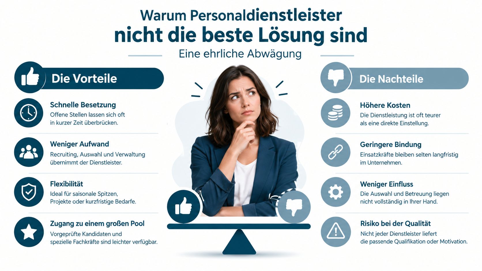 Eine Infografik mit einer Frau, die Vor- und Nachteile von Personaldienstleistern im Unternehmen abwägt und vergleicht.