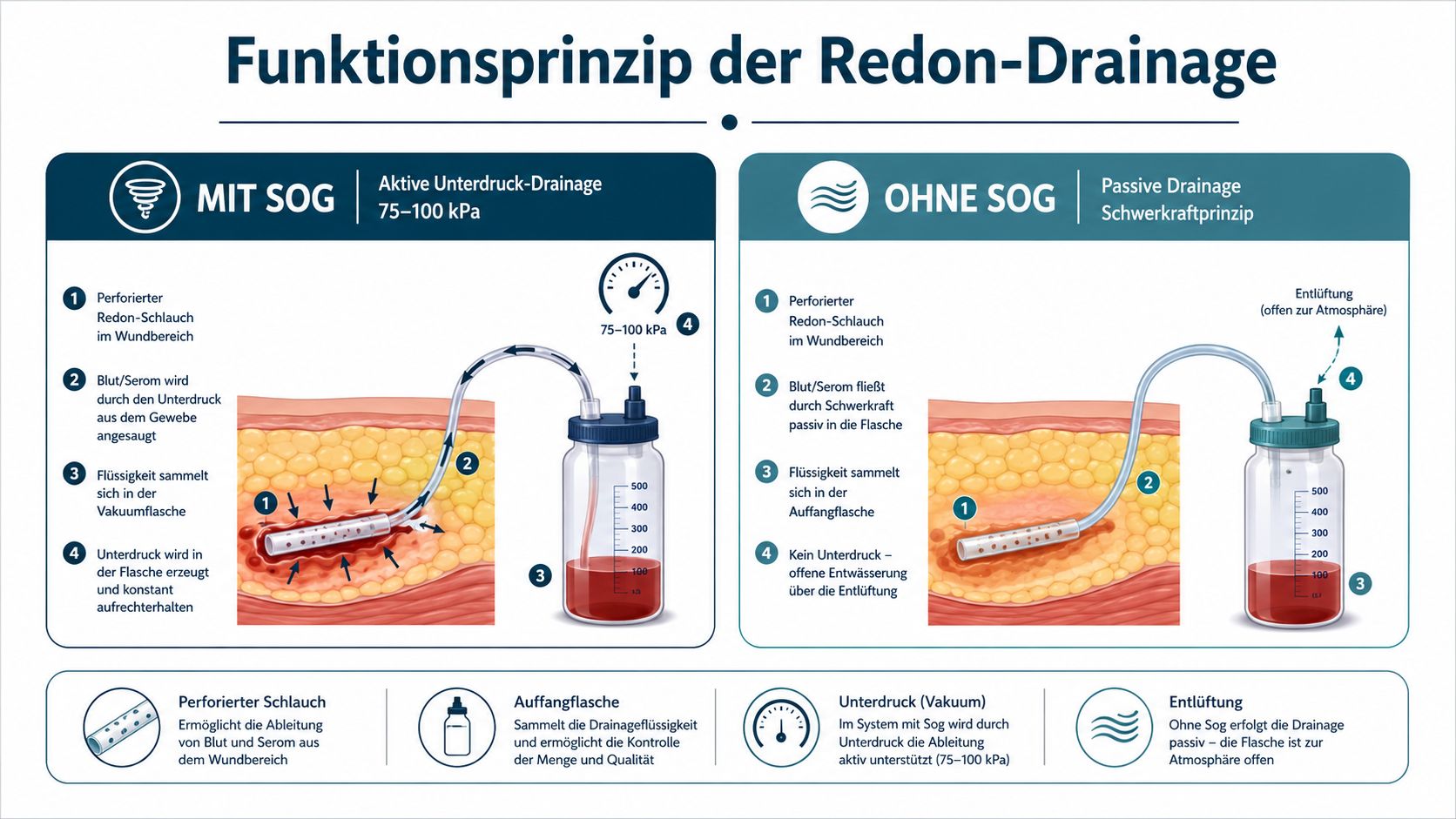 Vergleichsgrafik zwischen Redon-Drainage mit Unterdruck und passiver Drainage ohne Sog bei chirurgischen Wunden.