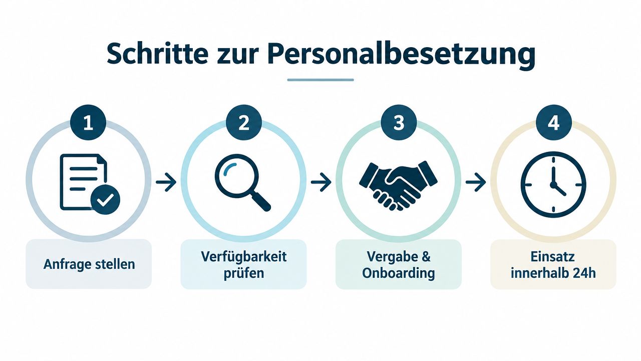Eine Infografik mit vier Schritten zur Personalbesetzung in der Pflege, von der Anfrage bis zum schnellen Einsatz.