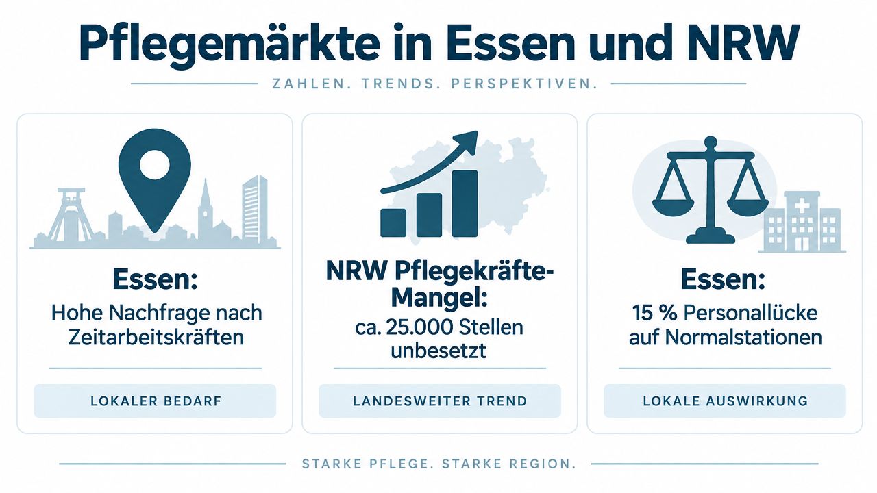 Infografik zum Pflegemarkt in Essen und Nordrhein-Westfalen mit Fokus auf Personalmangel und dem Bedarf an Zeitarbeitskräften.