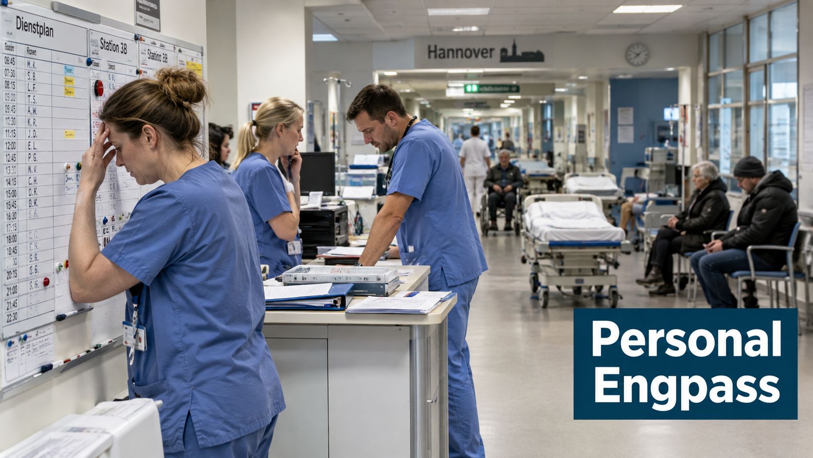 Überlastetes medizinisches Personal auf einer Krankenhausstation bei der Arbeit am Dienstplan in einer Klinik in Hannover.