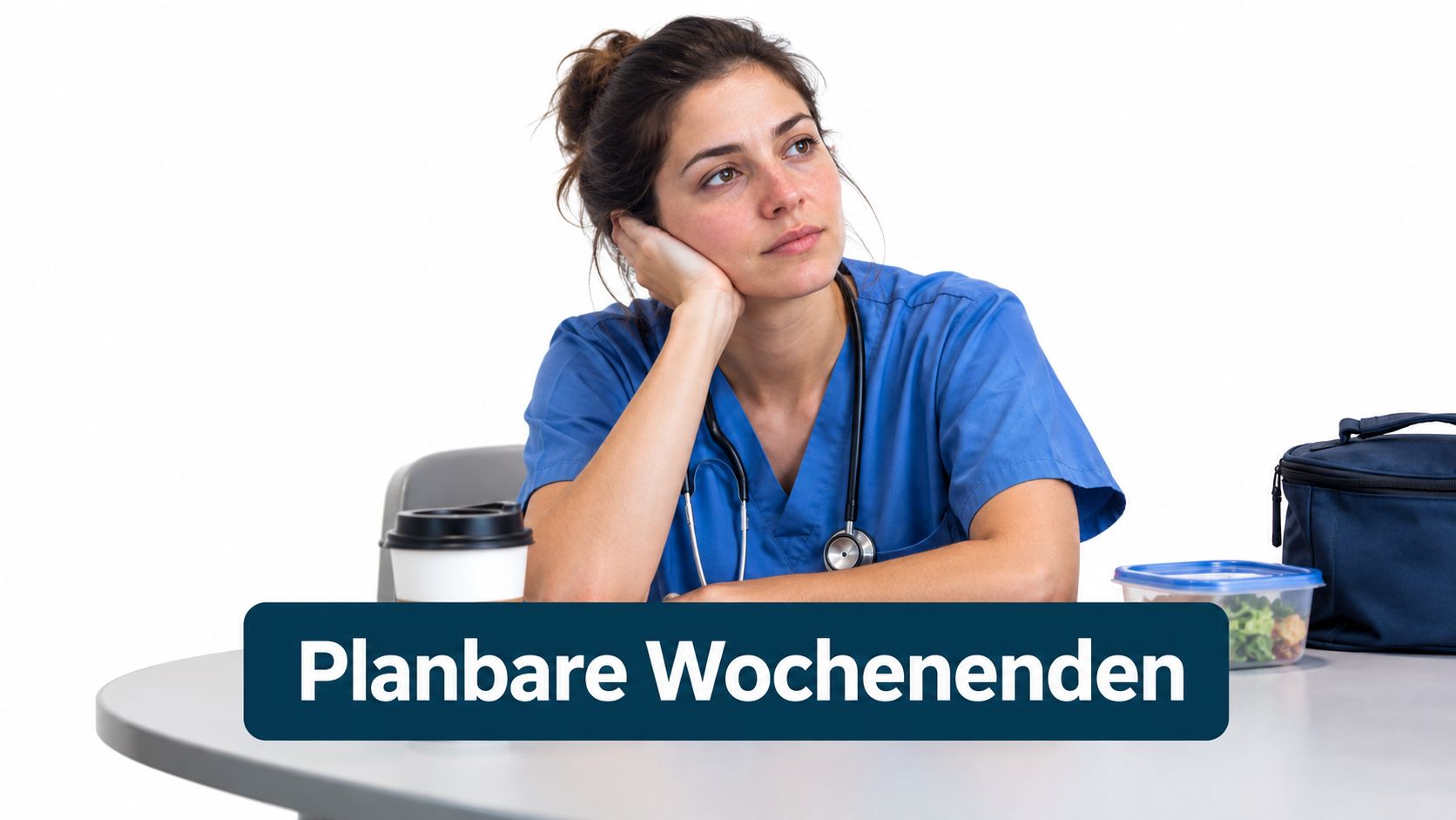 Eine nachdenkliche Krankenschwester in blauer Arbeitskleidung ruht sich während der Pause an einem Tisch aus.