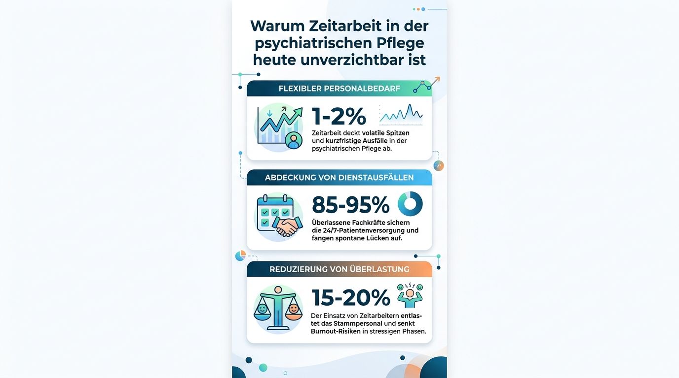 Infografik zur Bedeutung von Zeitarbeit in der psychiatrischen Pflege für Personalbedarf, Dienstabdeckung und Entlastung des Stammpersonals.