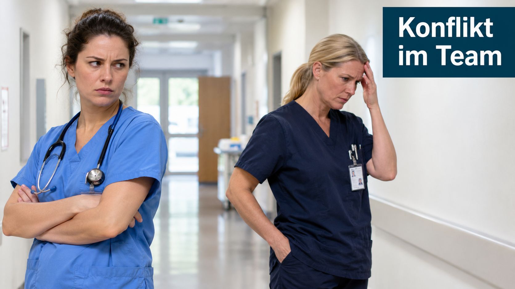 Zwei Pflegerinnen in einem Krankenhausflur wirken nach einem Konflikt angespannt und frustriert bei der Arbeit.