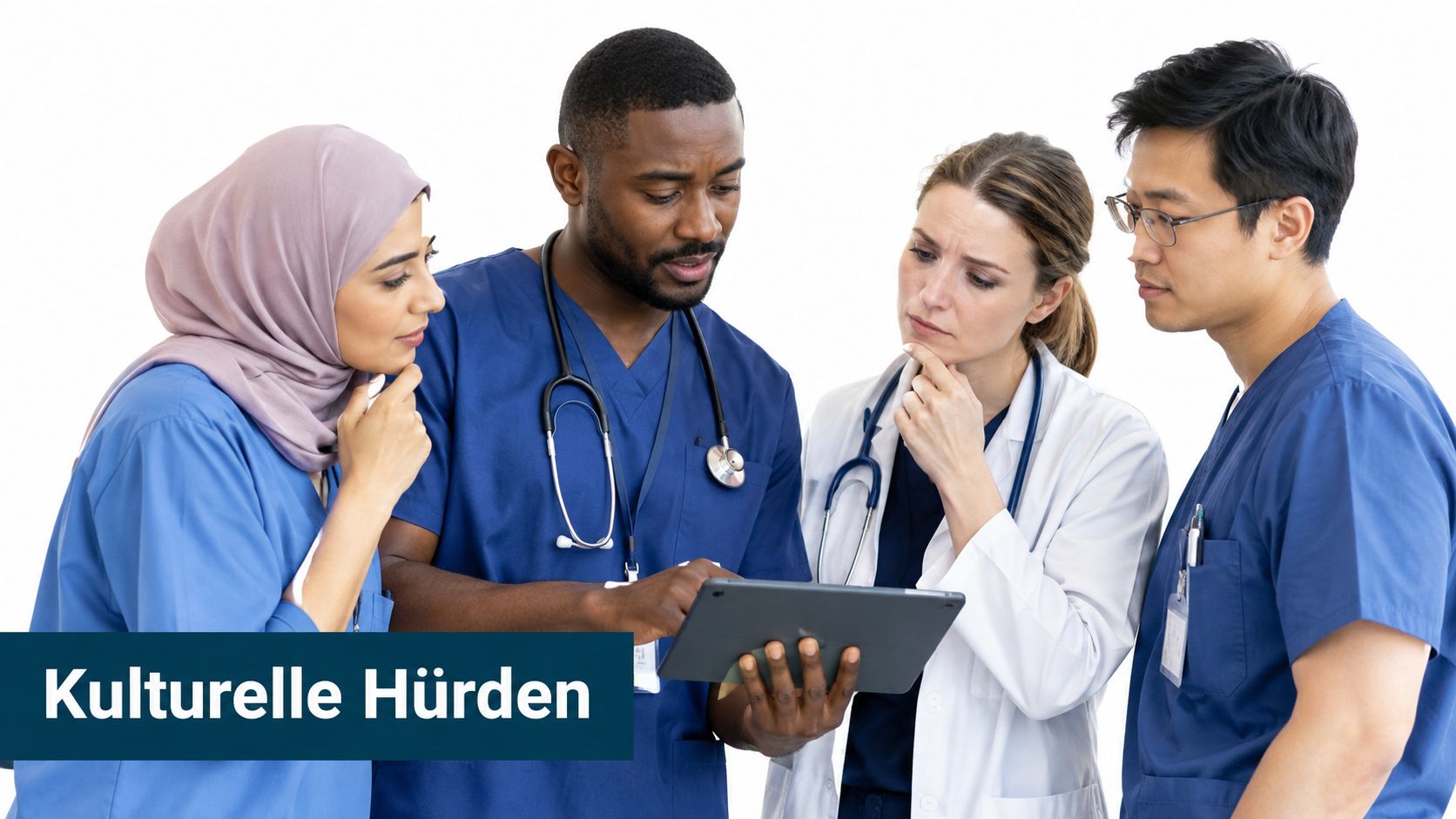Ein diverses Team von medizinischen Fachkräften betrachtet nachdenklich eine digitale Tablet-Anzeige zu dem Thema kulturelle Hürden.