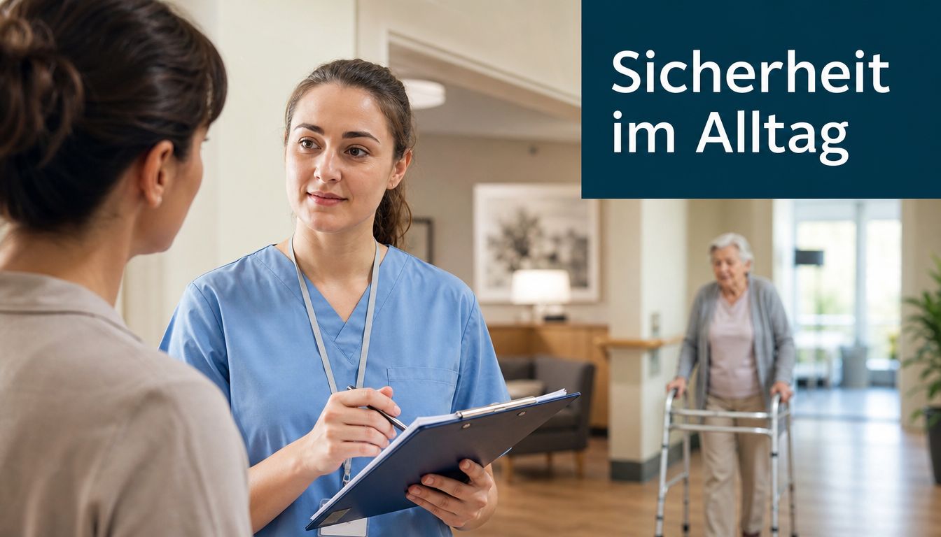 Eine Pflegerin im Gespräch mit einer Frau, während im Hintergrund eine ältere Dame einen Rollator benutzt.