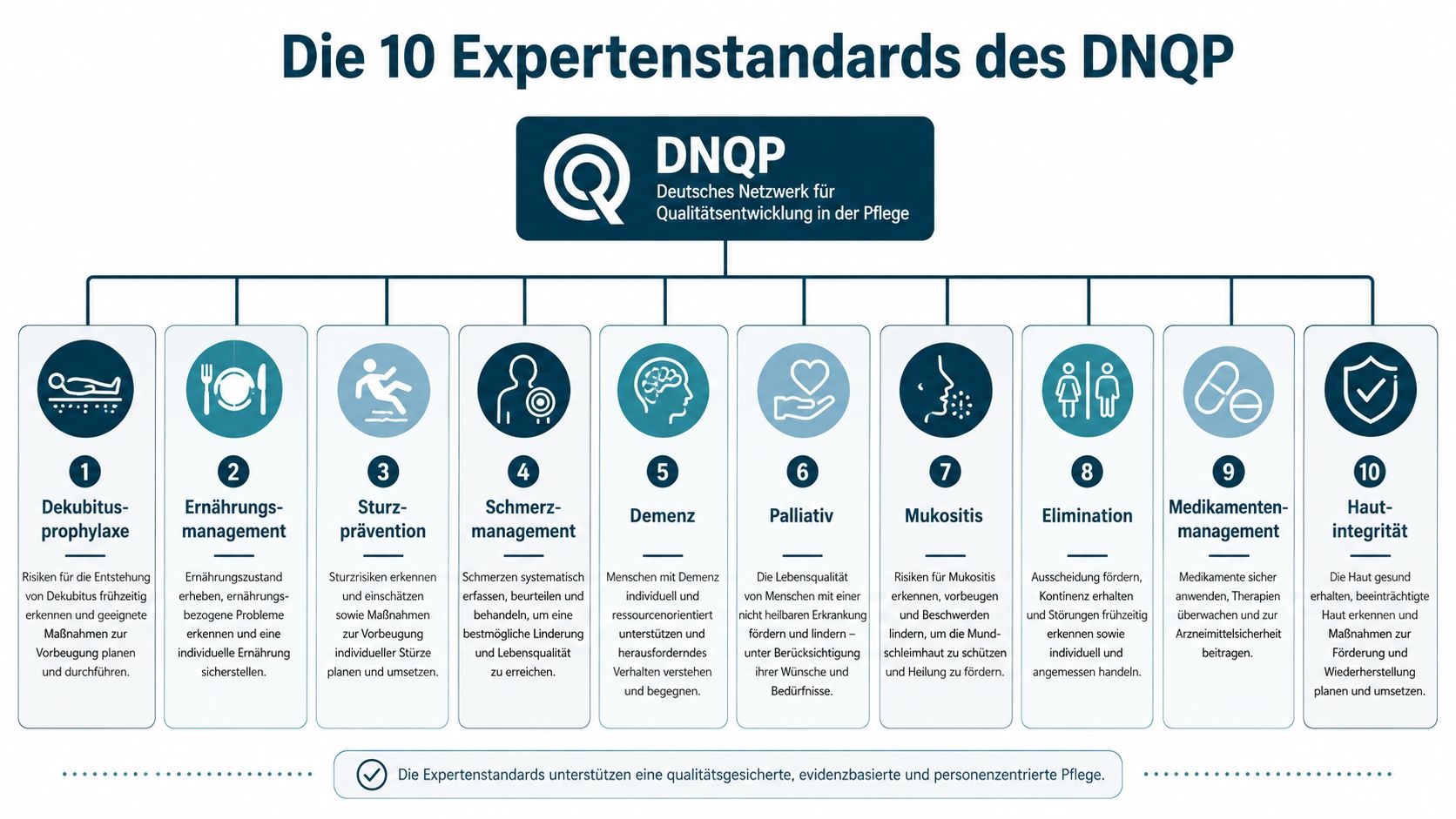 Übersicht der zehn Expertenstandards des DNQP für eine qualitativ hochwertige, evidenzbasierte und personenzentrierte pflegerische Versorgung.