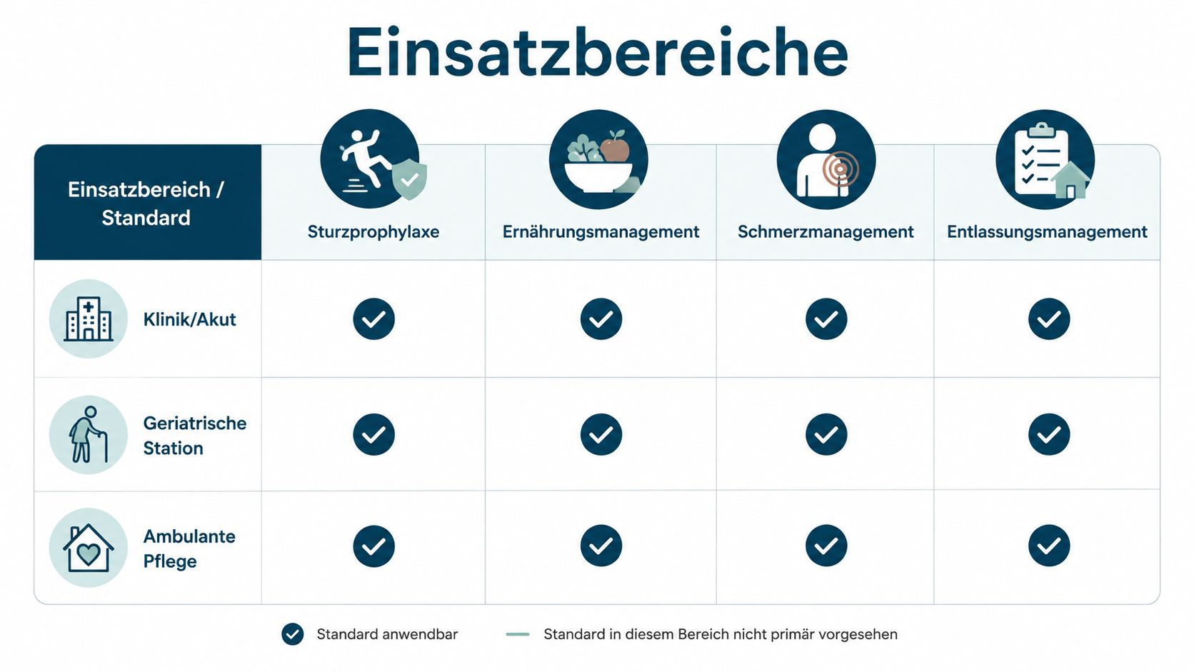 Eine Übersichtstabelle über Expertenstandards in verschiedenen medizinischen Einsatzbereichen wie Klinik, Geriatrie und ambulanter Pflege.
