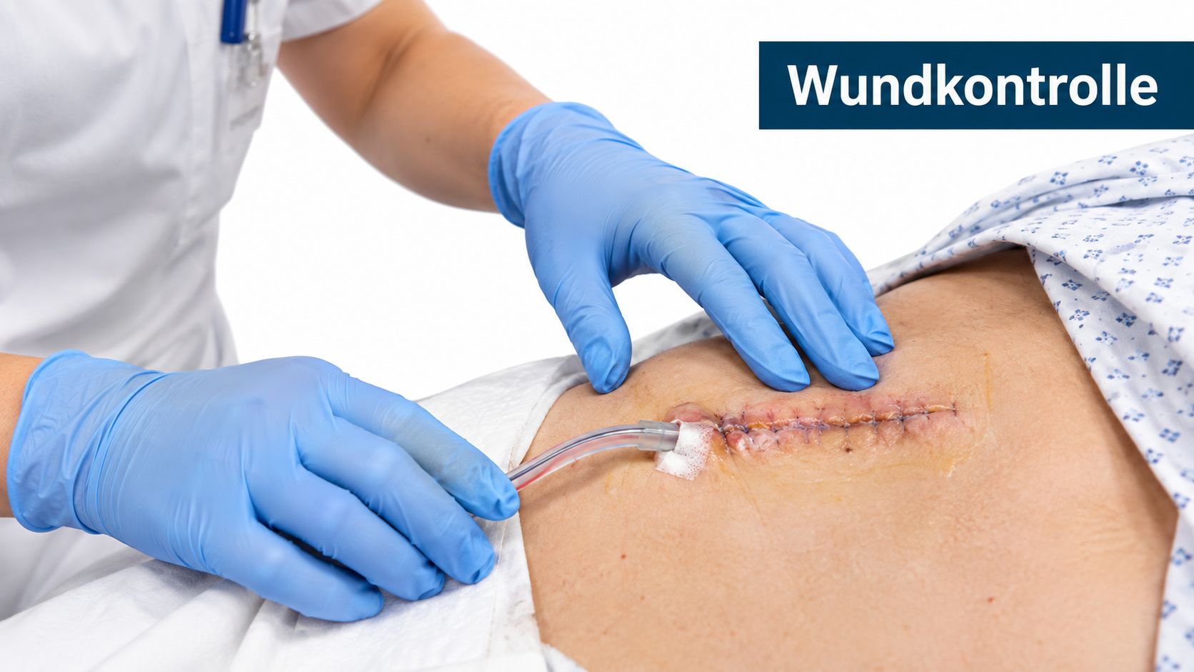 Medizinisches Personal mit blauen Handschuhen kontrolliert eine chirurgische Wunde mit liegender Drainage am Bauch eines Patienten.