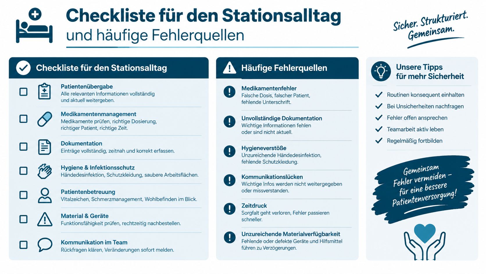 Eine strukturierte Checkliste für den Stationsalltag im Krankenhaus mit wichtigen Sicherheitshinweisen zur Vermeidung von Fehlern in der Patientenversorgung.