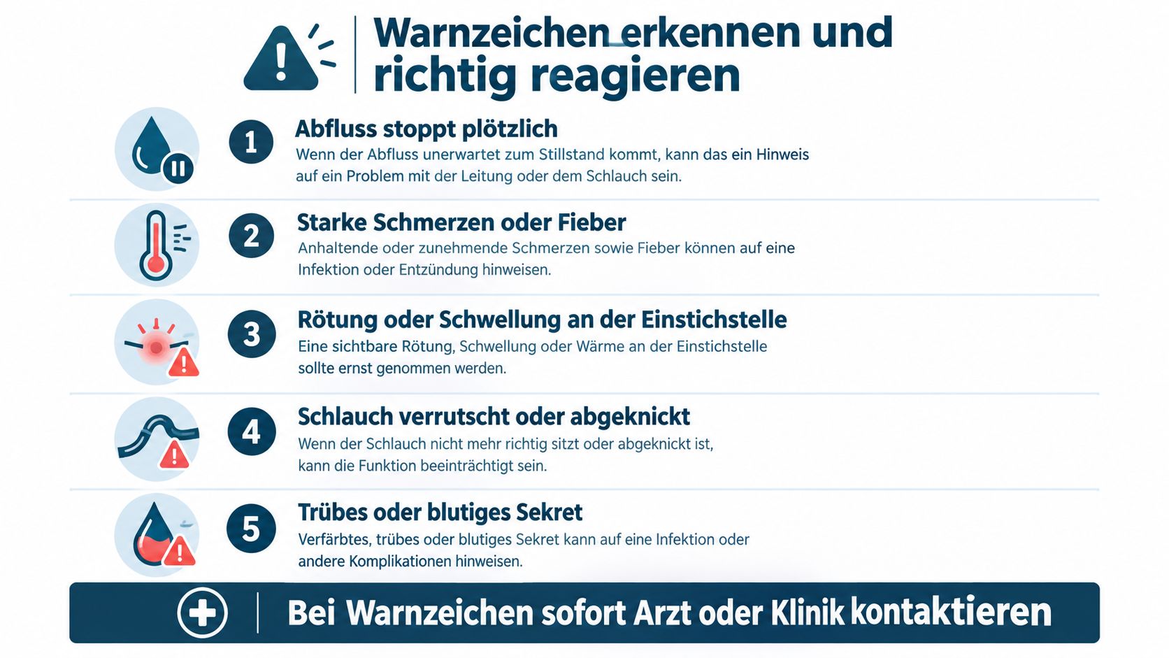 Infografik mit fünf Warnzeichen für Abflussprobleme bei der Bauchdrainage und der dringenden Empfehlung, ärztliche Hilfe aufzusuchen.