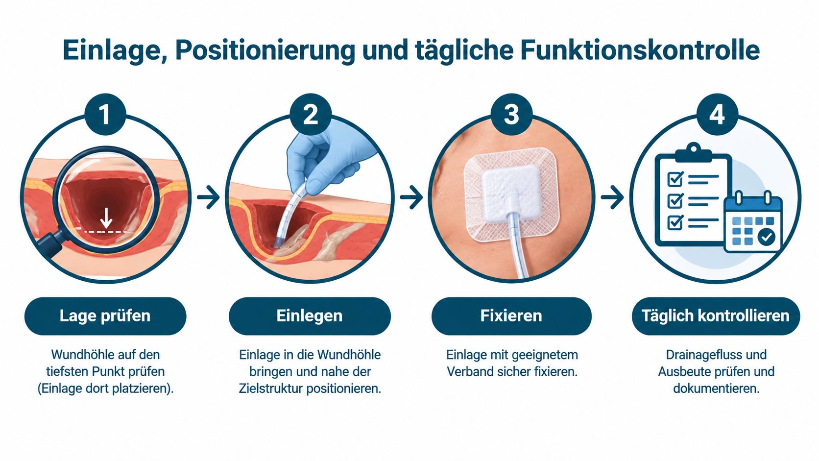 Eine Infografik zur korrekten Einlage, Positionierung und täglichen Funktionskontrolle einer Wunddrainage in vier einfachen Schritten.