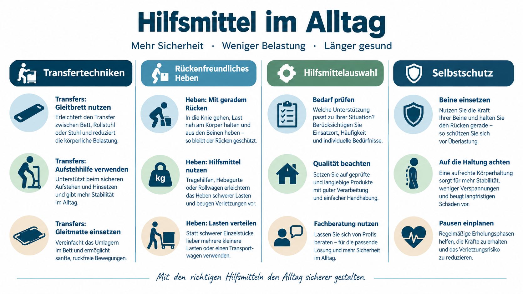 Eine Infografik mit Tipps und Hilfsmitteln für rückenschonendes Arbeiten, Heben und Transfers im pflegerischen Alltag.